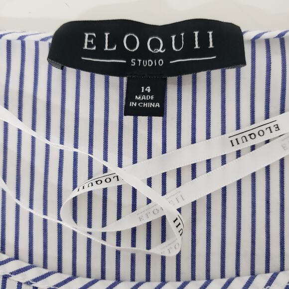 Eloquii Blouse Tunic Top Plus14 Blue White Pinstriped Floral Embroidered Boho - Picture 13 of 14
